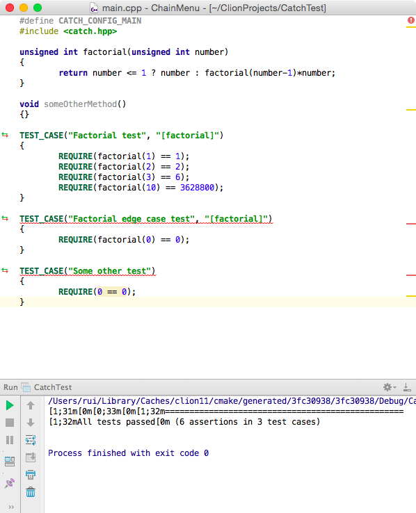 Clion running a small Catch test project